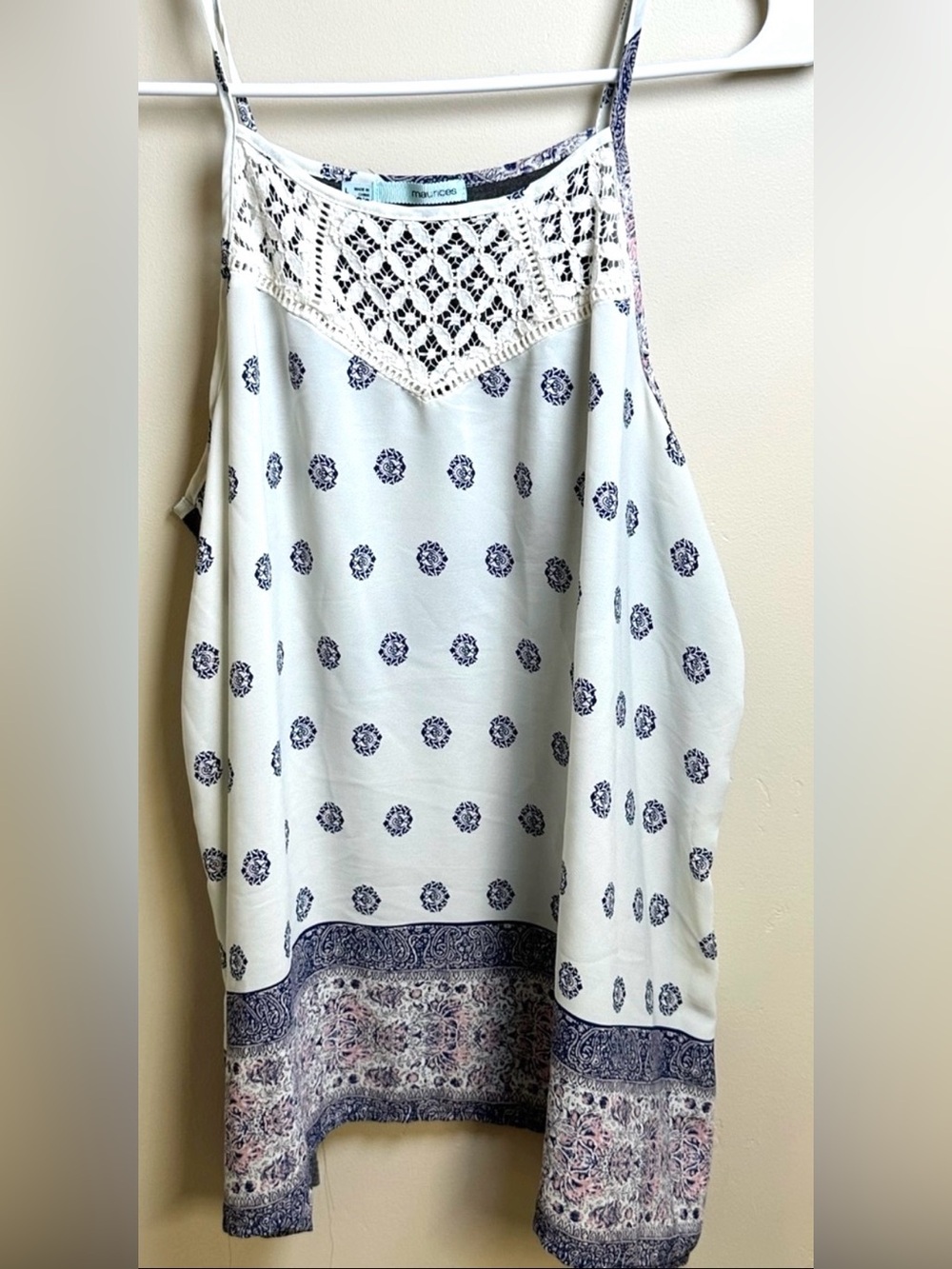 Maurices Women’s L Boho Crochet Tank Top Floral Print Spaghetti Strap